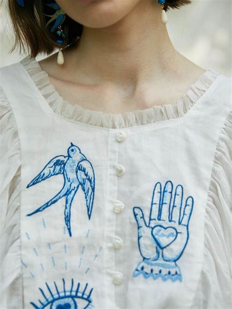 Unlogical Poem Embroidered Silk Linen Batwing Sleeve Top White