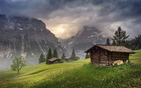 Nature Landscape Mountain Hut Clouds Trees Grass Sunrise