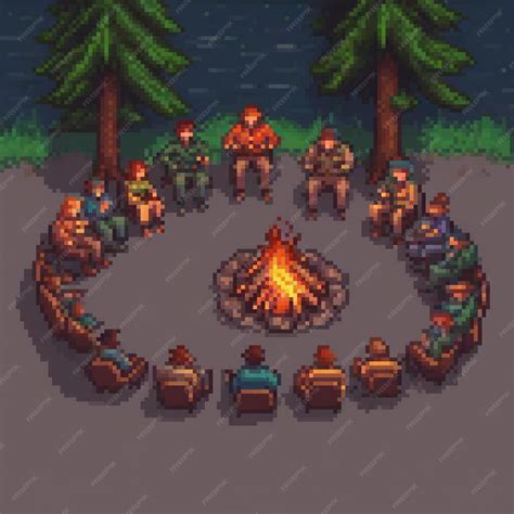 Pixel Art Campfire Scene With Friends Enjoying Nature Premium Ai