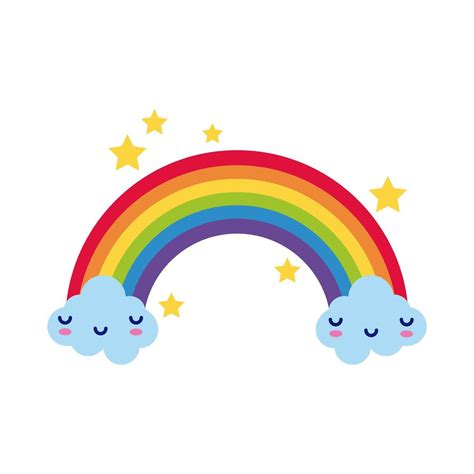 Cute Rainbow With Clouds Kawaii Characters And Stars Flat Style Icon