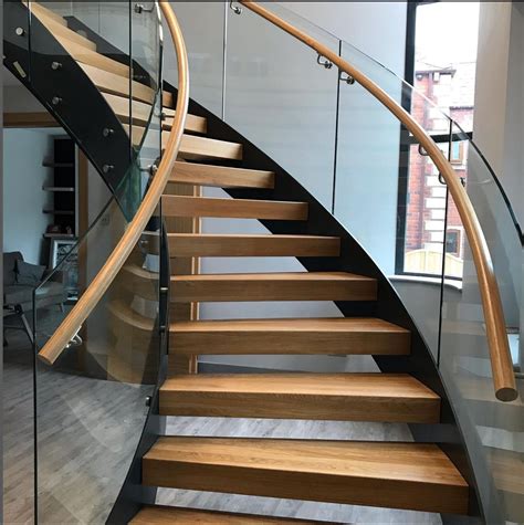 Curved Glass Staircase Modern Carbon Steel Staircase Wood Step Helical