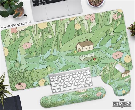 Kawaii Frogs Desk Mat Cute Mousepad Large Green Pond Kawai