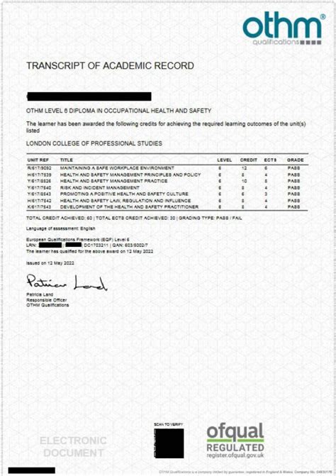 OTHM Level 6 Diploma In Occupational Health And Safety LCPS