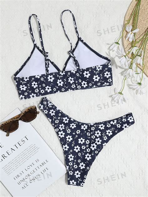 Floral Ring Linked Bikini Swimsuit Shein Uk