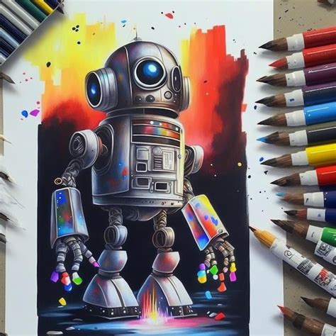 Premium AI Image | A drawing of a robot with colored pencils and a pencil.