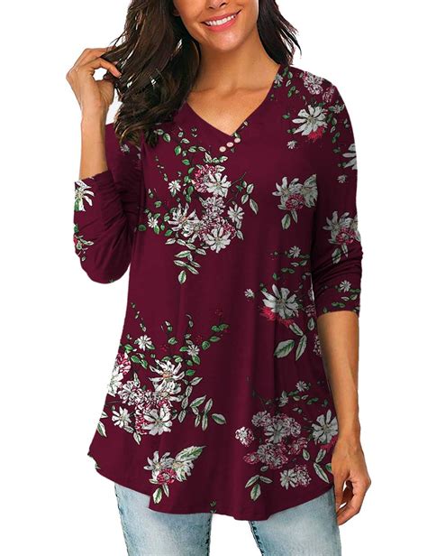 Folunsi Womens Plus Size Shirt Long Sleeve Blouse V Neck Flowy Print