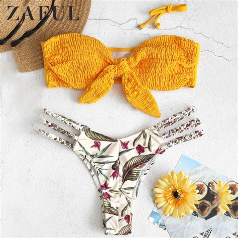 ZAFUL Knot Shirred Leaf Print Braided Bikini Set Strappy Halter Bandeau