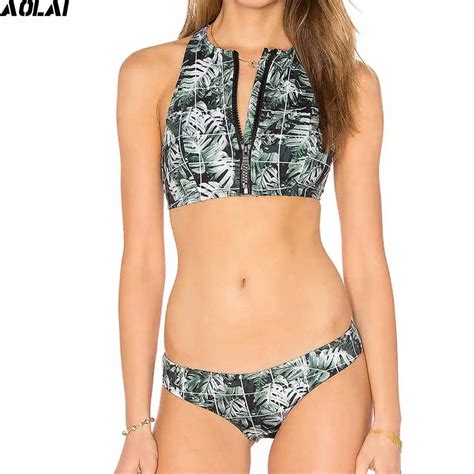 Zipper Bikini Floral Swimsuit Women Push Up Swimwear High Neck