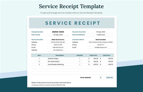 Service Receipt Template - Download in Excel, Google Sheets | Template.net