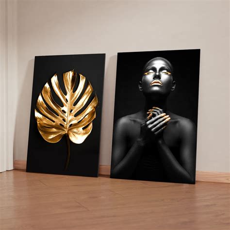 Quadro Decorativo 2 Telas Mulher Negra Costela de Adão Dourado