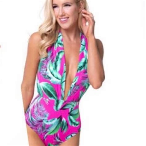Beach Joy Bikini Swim Neon Pink Tropical Print Plunging Neck One Piece Swimsuit Small Nwt