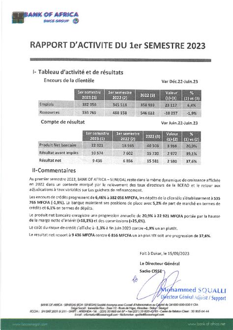 Rapport dactivités du 1er semestre 2023 BOA SN Abidjan net Documents