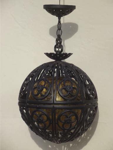 S Vintage Globe Pendant Light Retro Amber Glass Gothic Spanish Iron