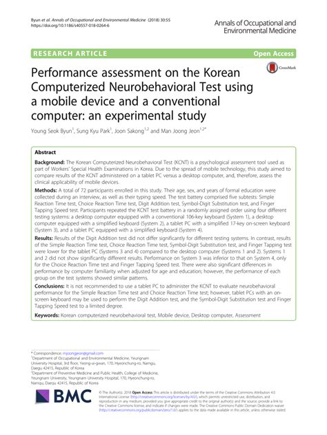 Pdf Performance Assessment On The Korean Computerized Neurobehavioral