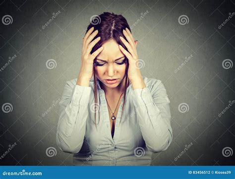 Sad Woman With Worried Stressed Face Expression Looking Down Stock