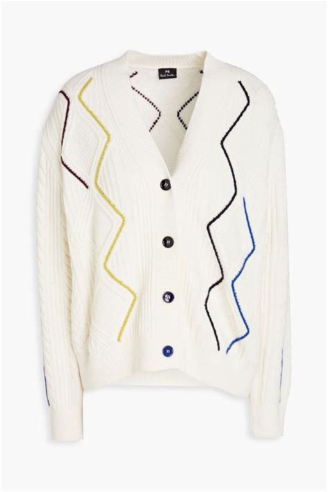 Ps Paul Smith Embroidered Cable Knit Wool Blend Cardigan The Outnet