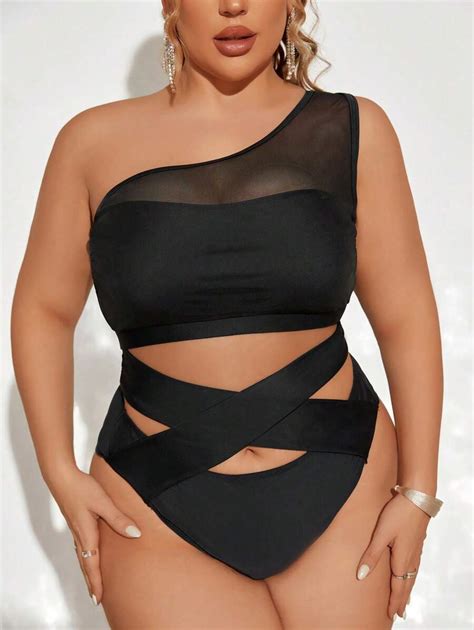 Shein Swim Curve Summer Beach Plus Size Women S One Shoulder Mesh Bikini Set Shein Usa