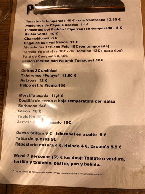 Menu At Picnic Restaurant Pamplona