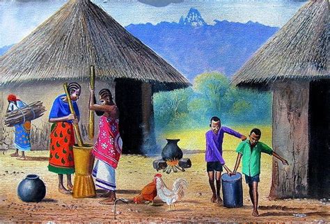 Village Chores Art Print By Jane Wanjeri Village Scene Drawing