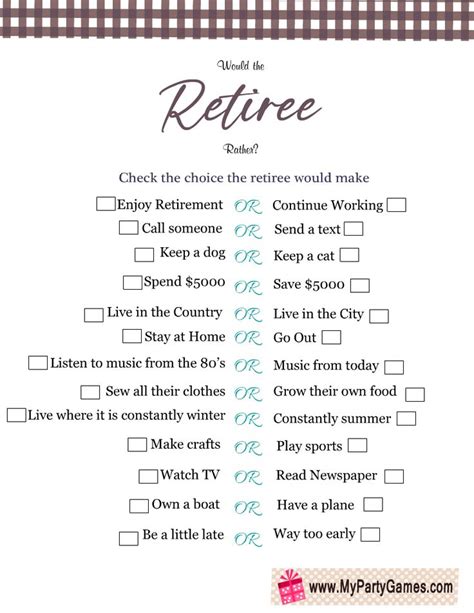 Free Printable Would The Retiree Rather Retirement Game Retirement