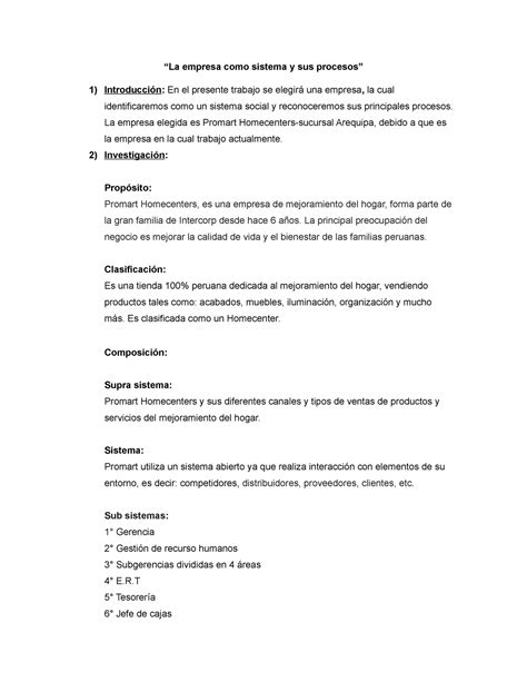 La Empresa Como Sistema Y Sus Procesos Tarea La Empresa Como