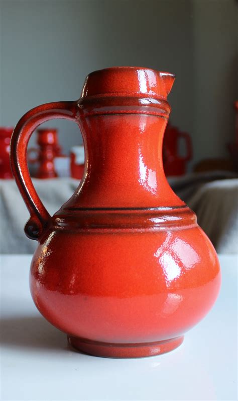 Vintage Red Ceramic West German Pottery Set Of 2 Jasba Keramik Pitchers