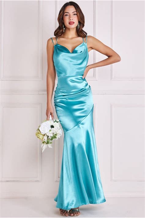 Goddiva Satin Cowl Neck With Strappy Back Maxi Aqua