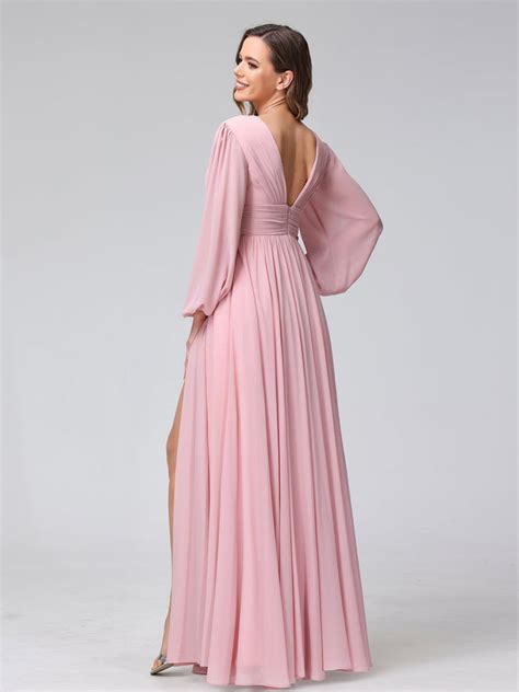 A Line V Neck Long Sleeves Long Chiffon Bridesmaid Dresses With Split