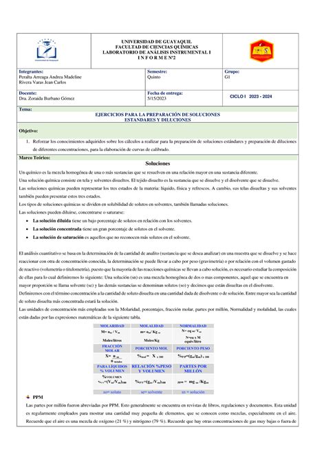 Informe 1 Práctica 1 Preparación De Soluciones Estándares Y Diluciones Universidad De