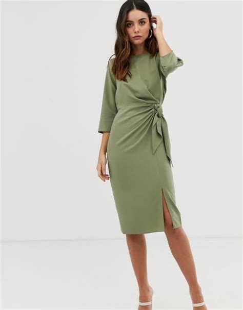 Asos Design Wrap Detail Midi Dress With Long Sleeves Asos