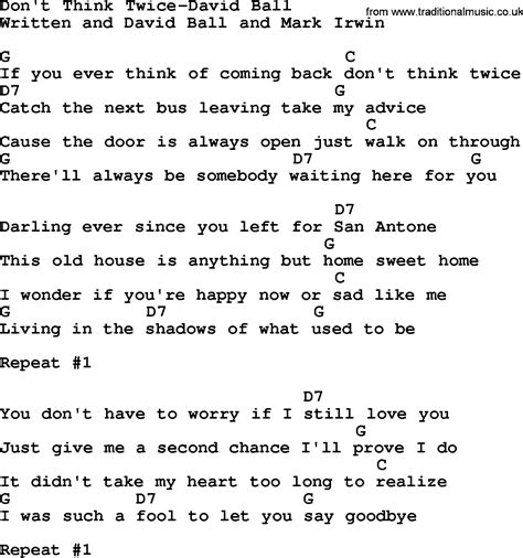 Country Music:Don't Think Twice-David Ball Lyrics and Chords