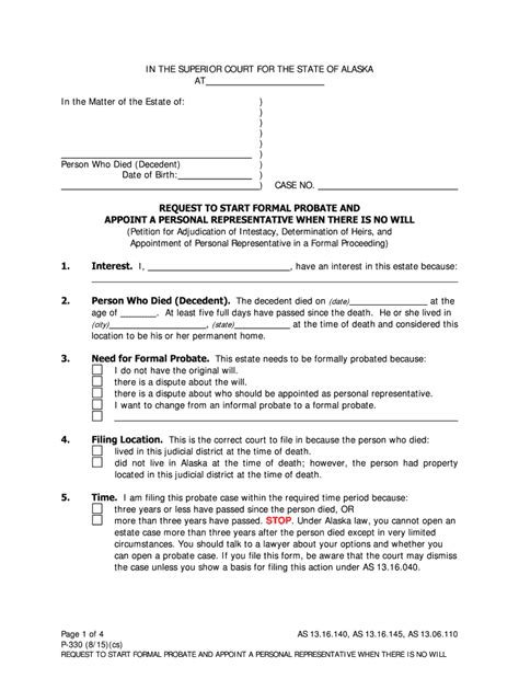 P Request To Start Formal Probate And Appoint A Personal Fill Out