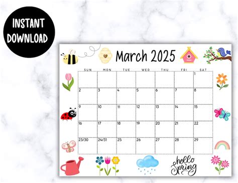 Editable March Calendar 2025 Printable Wall Calendar 2025 Cute Spring