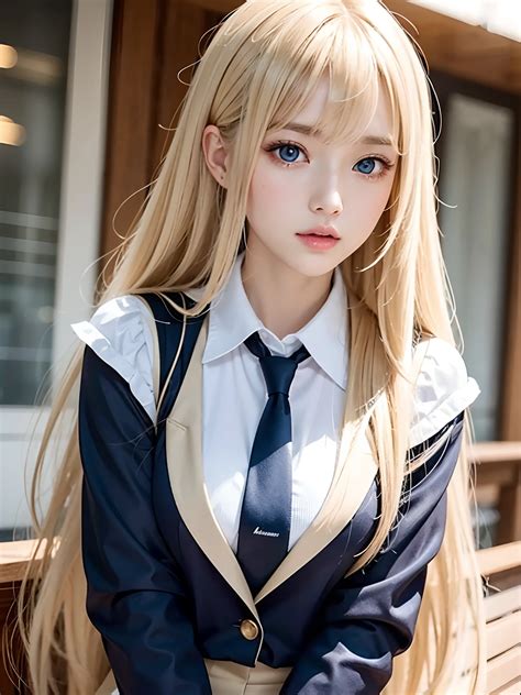 Blond Haired Girl With Blue Eyes And A Tie Sitting On A Bench Seaart Ai