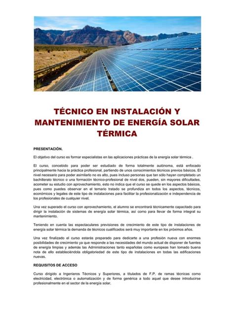 T Cnico En Instalaci N Y Mantenimiento De Energ A Solar T Rmica Pdf