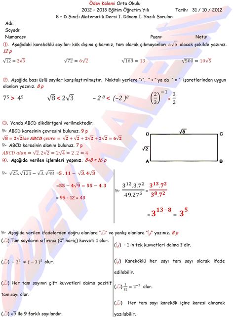 Sinif Matematik Dersi D Nem Yazili Sinav Sorulari Ve Cevap