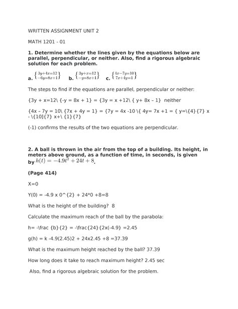 Written Assignment UNIT 2 WRITTEN ASSIGNMENT UNIT 2 MATH 1201 01 1