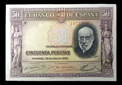 1935 ESPAÑA BILLETE 50 PESETAS SANTIAGO RAMON Y CAJ Monedalia es