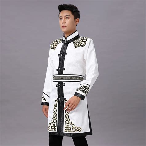 Mongolian Men S Costume White Gown Grassland Living Robe Adult Stand Collar Tang Suit Top