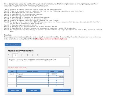 Solved Kiona Company Set Up A Petty Cash Fund For Payments Chegg