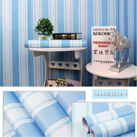 Jual Wallpaper Dinding Motif Salur Garis Biru Garis 10m X 45cm Shopee