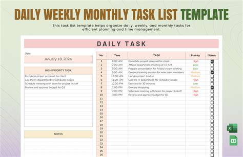 Daily Weekly Monthly Task List Template In Excel Google Sheets