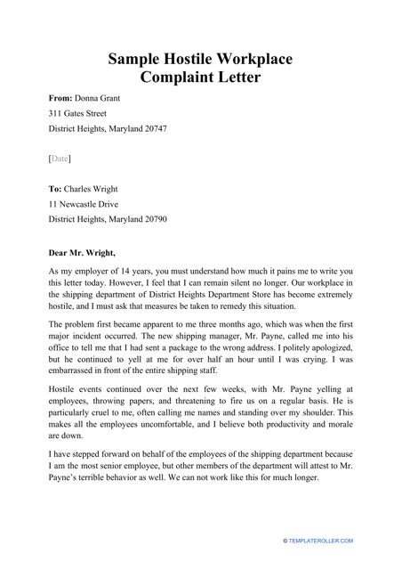 Sample Hostile Workplace Complaint Letter Download Printable Pdf Templateroller