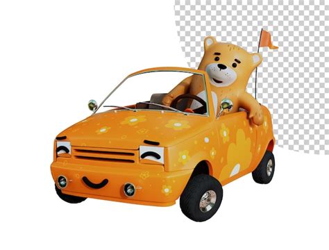 Premium PSD | 3d rendering cartoon bear on a car driving bear orange ...