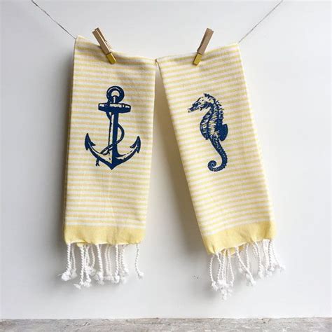 Anchor Nautical Kitchen Dish Towel Blue Navy And White Etsy