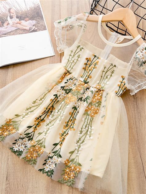 Robe Fille Enfants Bébé Robe en Tulle Petit Plantes Brodée Dentelle