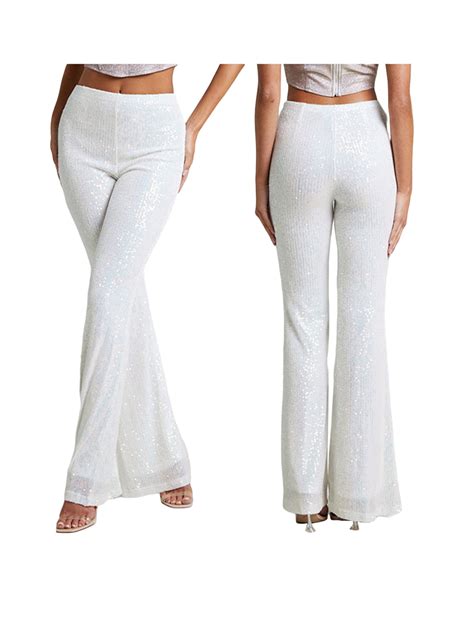 Women Sequin Bell Bottom Pants Sparkle High Waisted Wide Leg Pants