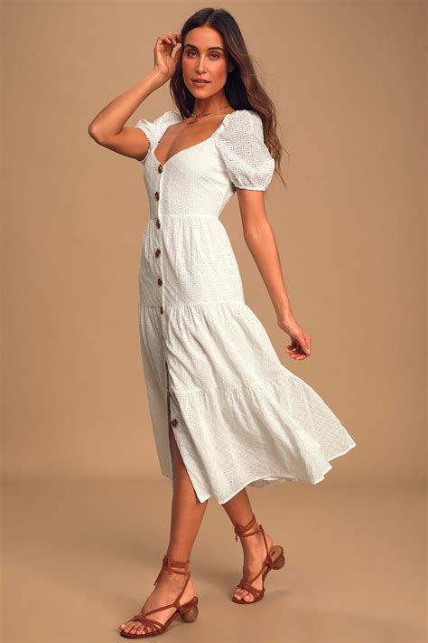 Youre My Home White Eyelet Lace Button Front Tiered Midi Dress