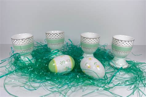 Egg Cups Vintage Polka Dot Egg Cups Set Of 4 Green And Gold Etsy