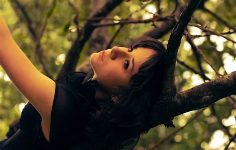 Wallpaper Look Leaves Girl Trees Branches Photo Dress Brunette For Mobile And Desktop